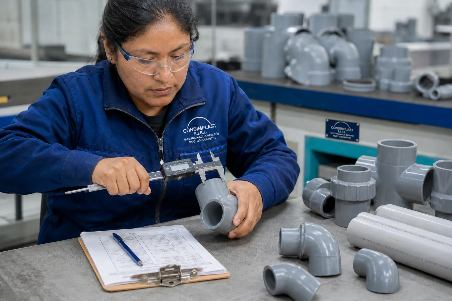Técnica Condimplast verificando con precisión una conexión PVC gris