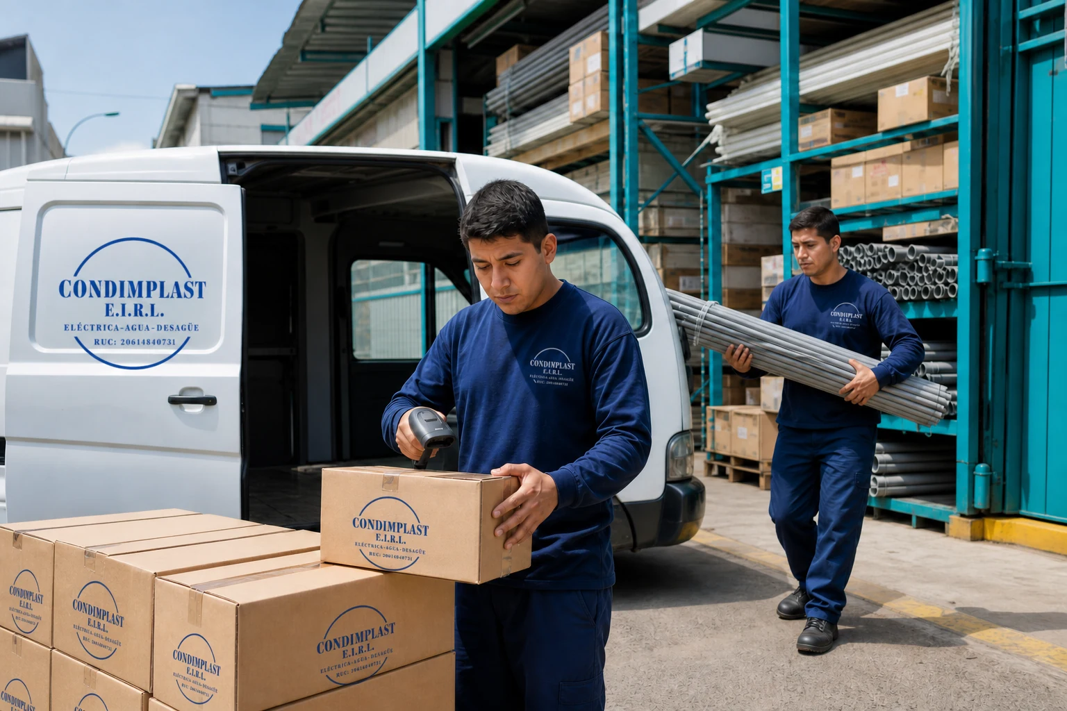 Equipo Condimplast verificando cajas y tuberías PVC antes del despacho